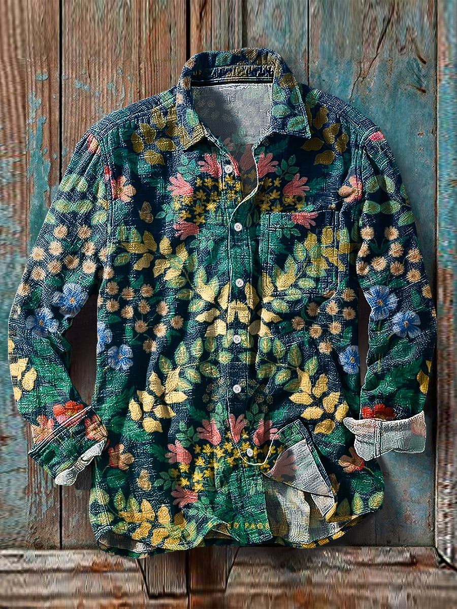 Men's Vintage Symmetrical Floral Pattern Long Sleeve Pocket Shirt