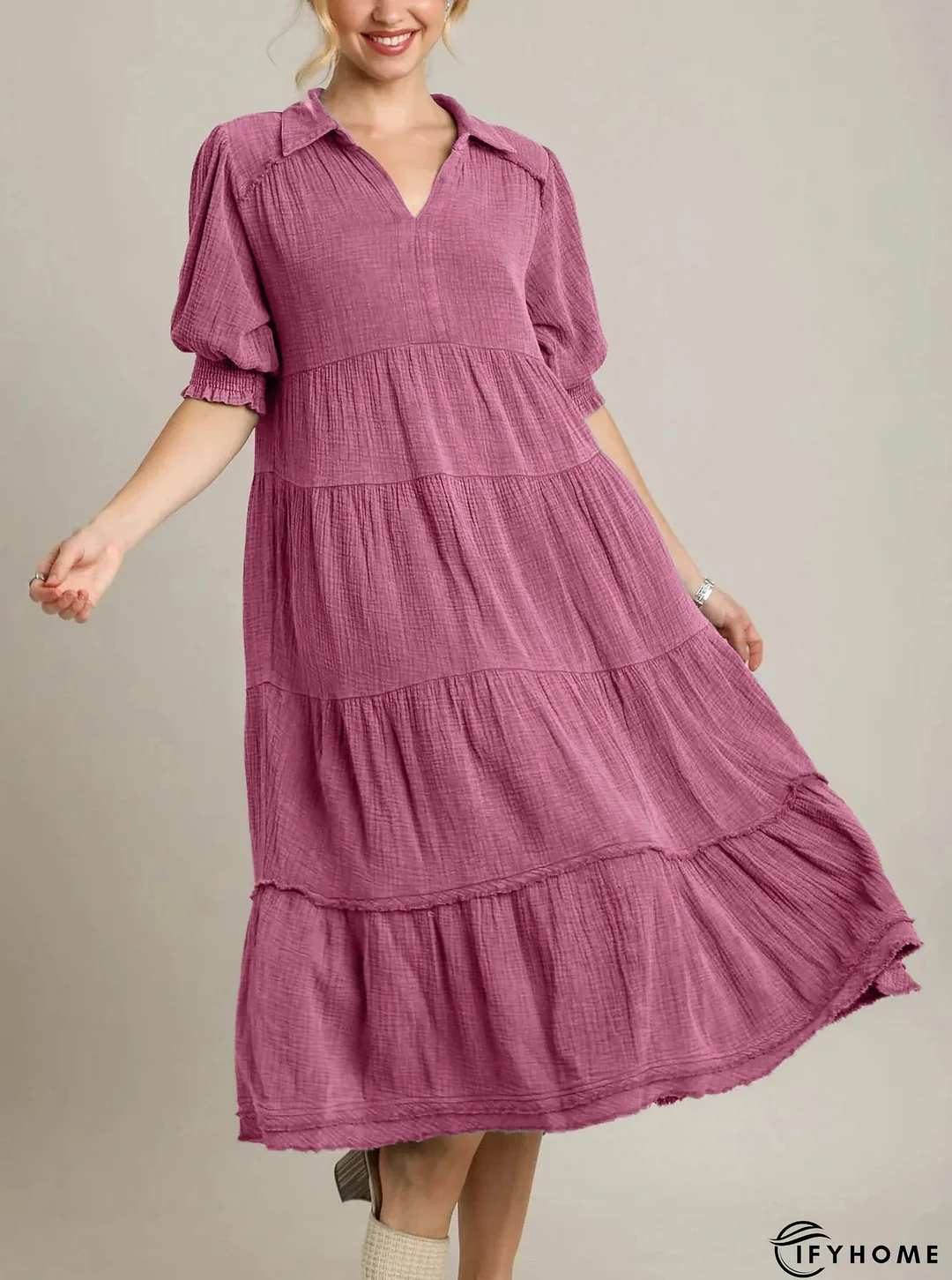 Pink V Neck Half Sleeve Weaving Dress | IFYHOME