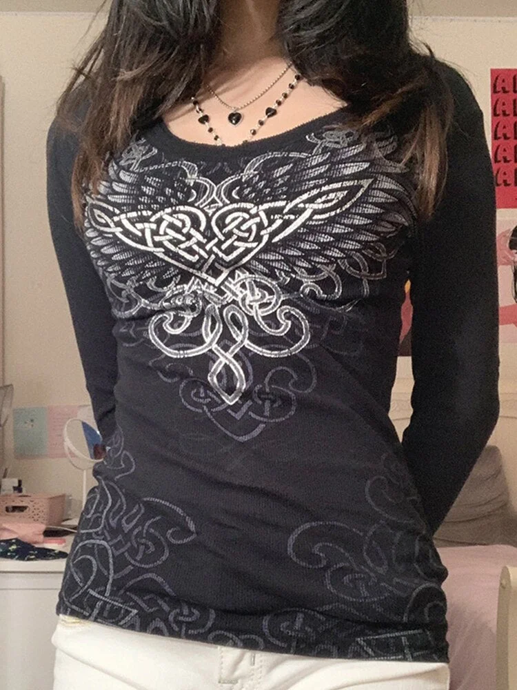 Tawnie Y2K Fairy Grunge Autumn Crop Top 2022 Printed Long Sleeve T Shirt Women Casual Grafic Tops Harajuku Vintage Clothes