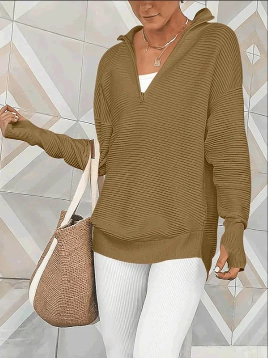 Women's Half-Zip V-Neck Relaxed Rib-Knit Sweater