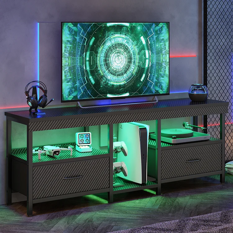 Bestier LED TV Stand Entertainment Center for TVs up for 55 60 65 inch TV Console Table with 2 Storage Drawers,Carbon Fiber Black