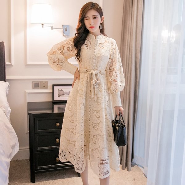 Spring Vintage Woman Purple Lace Single-breasted High Waist Long Puff Sleeve Elegant Party Dress - BlackFridayBuys