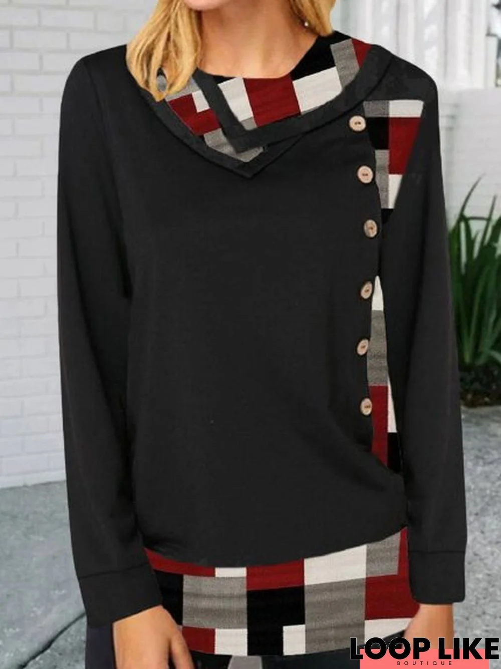 Vintage Color-block Geometric Printed Long Sleeves Plus Size Casual Tops