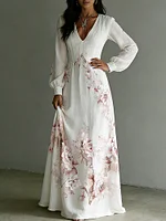 Women's Vintage Rose Art V-neck Long Sleeve Maxi Dress