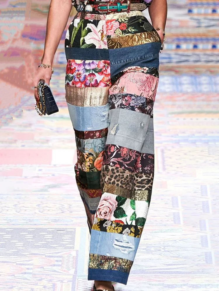 Fashionable Denim Floral Colorblock Patchwork Ripped Pocket Straight Leg Jeans