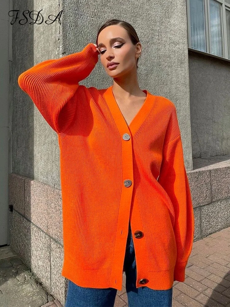 2022 Autumn Winter Green Cardigan Oversized Women Long Sleeve Button Casual Loose Knitted Sweater Fashion