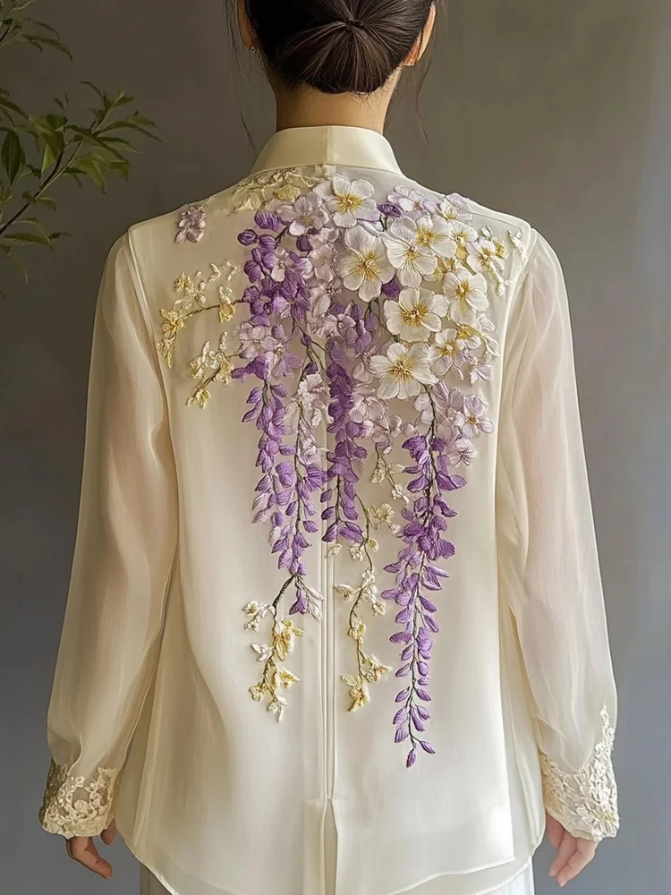 Women's Gorgeous Floral Embroidered Chiffon Shirt