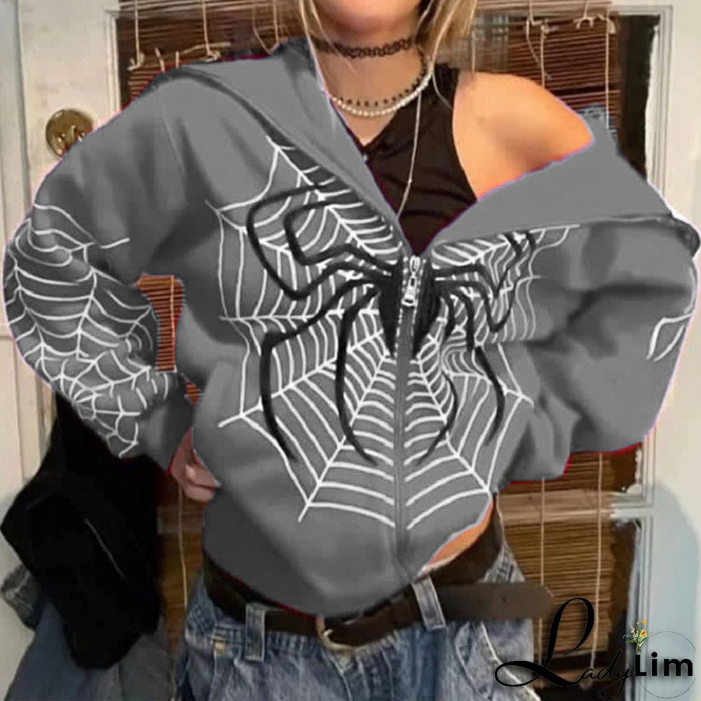 Dark Spider Web Print Full Zip Hooded Sweatshirt