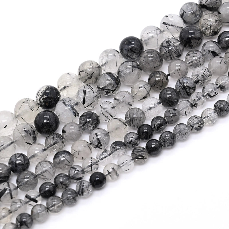 1 Strand/Package 10mm 6mm 8mm Hole Under 1mm Hole 1~1.9mm Natural Stone Black Hair Crystal Grade A Round Simple Lines Polished Jewelry Accessories