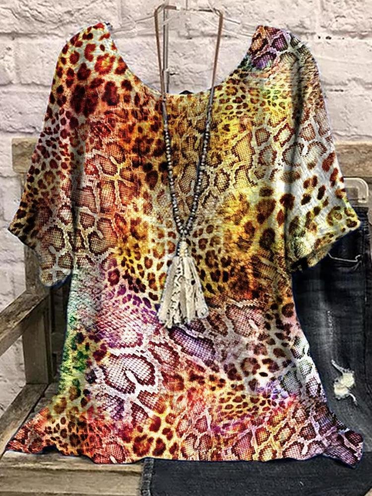 Women's Vintage Colorful Leopard Print Round Neck T-Shirt