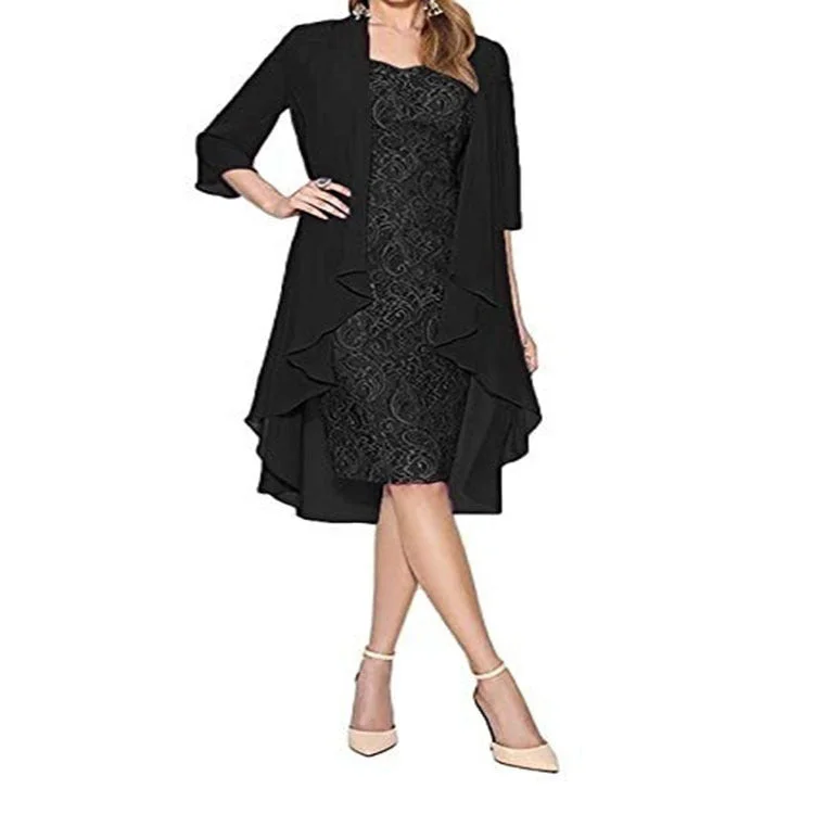 Brownm Color Large Size Lace Two-piece Set Elegant Party Dress Cardigan