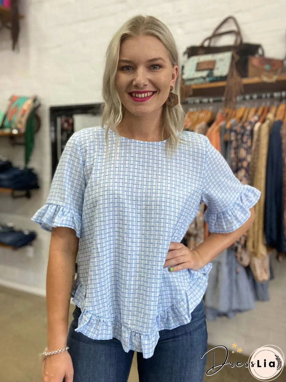 New Round Neck Women's Shirt With Turtleneck And Trumpet Sleeves Spliced Short Sleeve Plaid Jacquard Casual Jacket Tops Tees