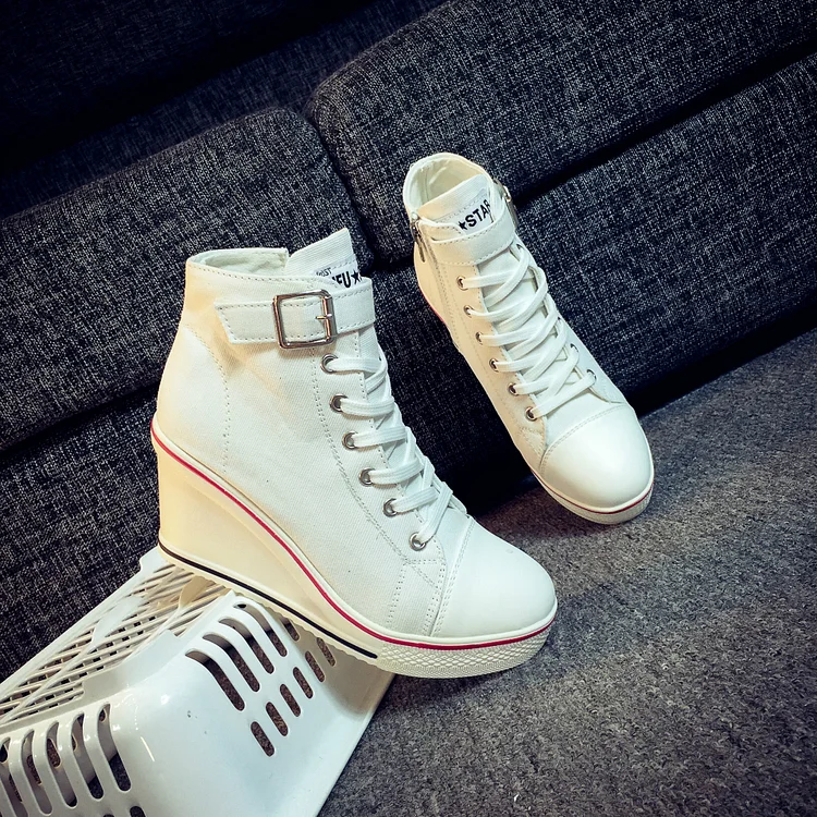 spring and autumn side zipper 8 cm increased thick bottom slope heel high top canvas shoes women's platform heel casual shoes