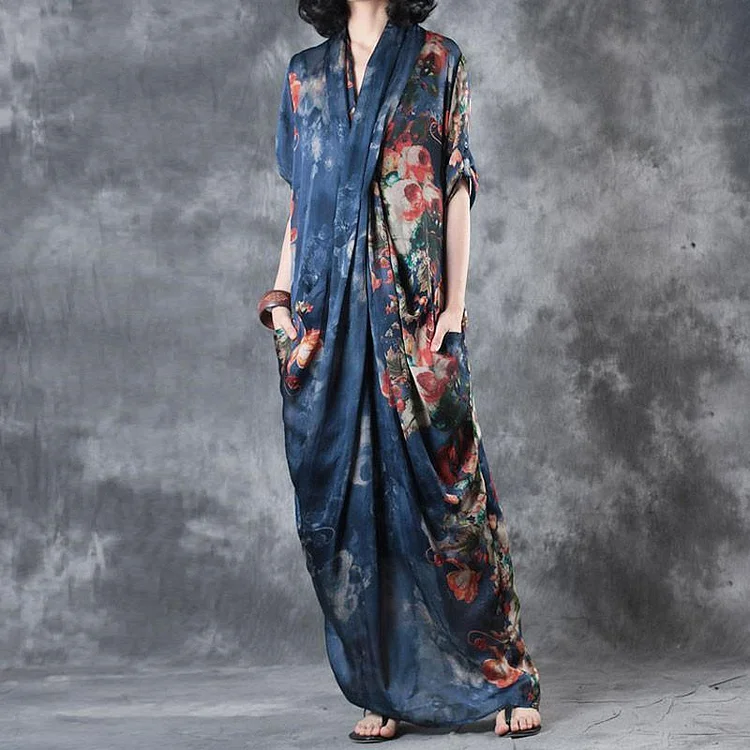 Printing Women Summer Loose Casual Irregular Floral Blue Dress
