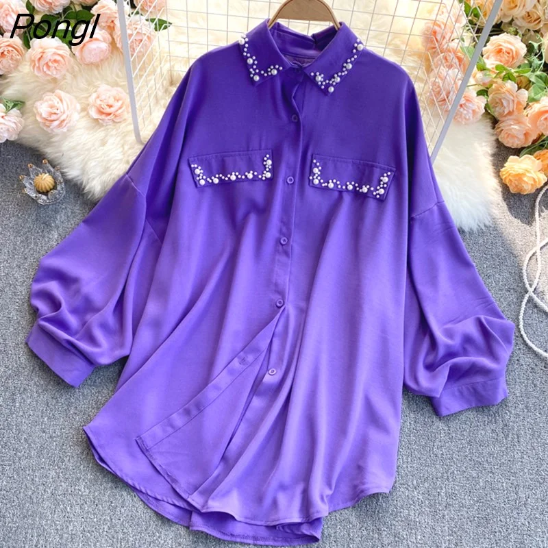 Pongl America 2022 Spring Summer New Chiffon Blouse Female Lapel Puff Sleeve Loose and Thin Blusa Beaded Wild Shirt C713
