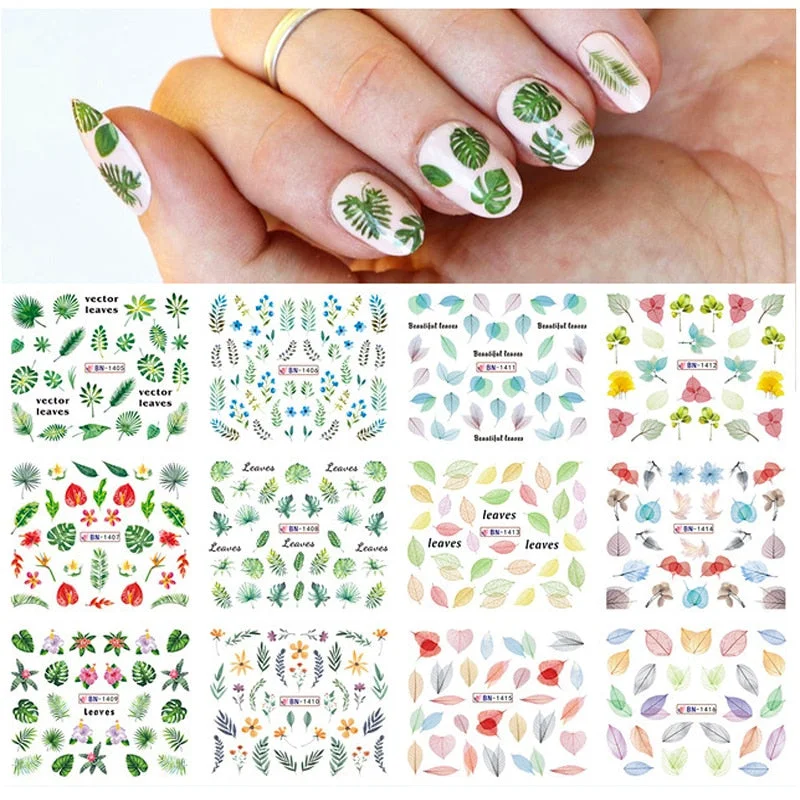 Nail Stickers Water Transfer Flowers Leafs Designs 12Pcs/Set Nail Decal Decoration Tips For Beauty Salons-Nail Inspo