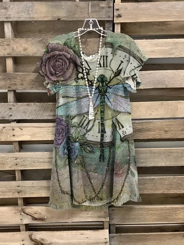 Retro Dragonfly Print Retro Casual Short Sleeve-Mayoulove