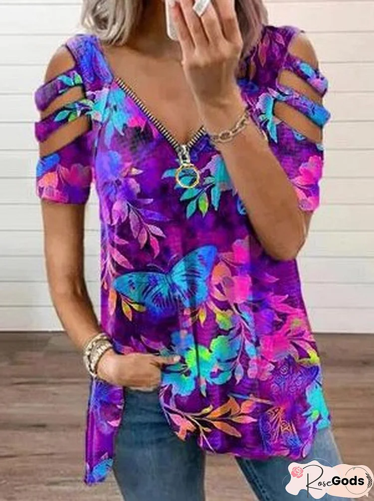 Vacation Raglan Sleeve Butterfly Short Sleeve Tops