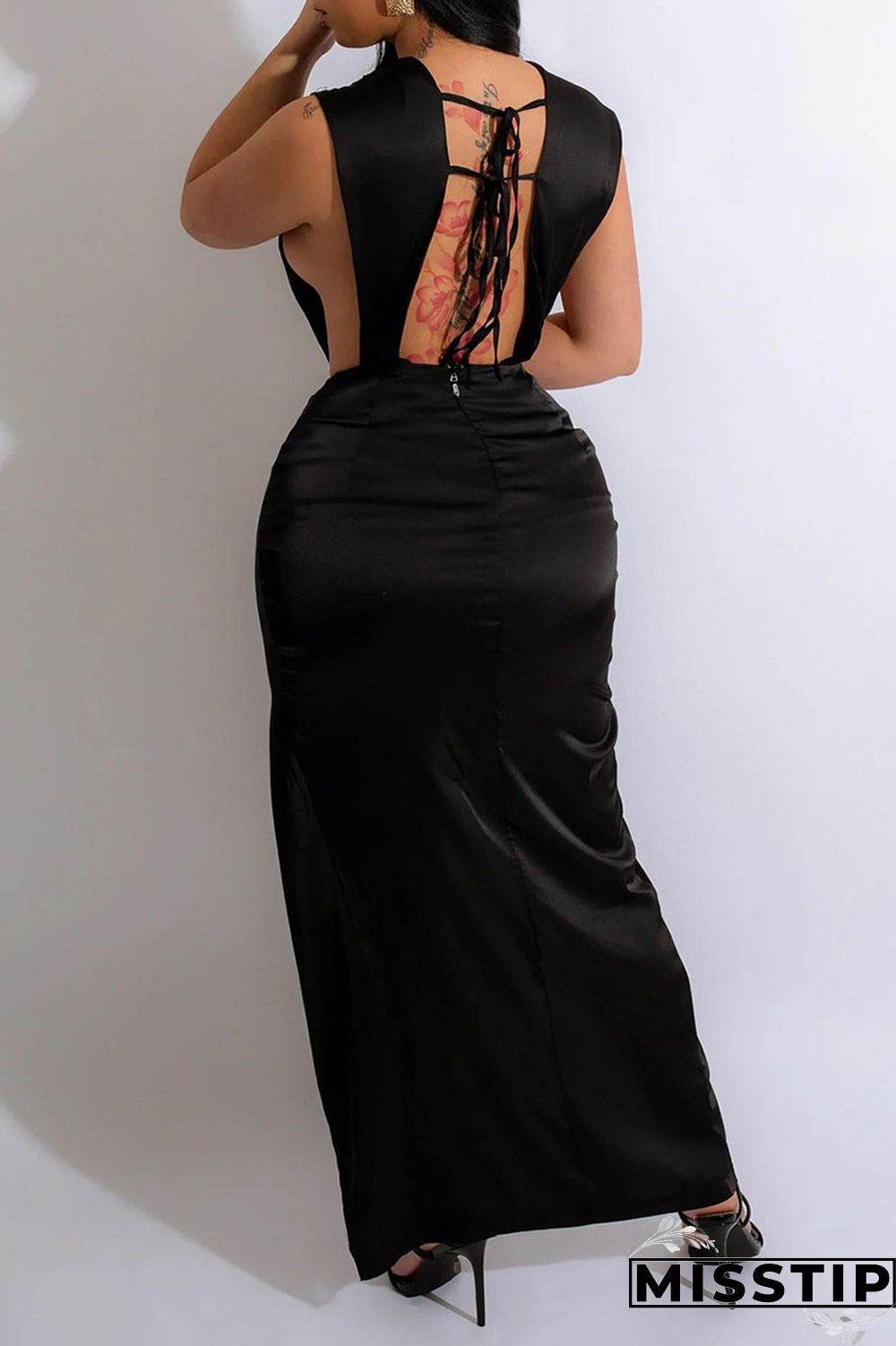 Green Sexy Solid Bandage Patchwork Backless Slit V Neck Straight Dresses