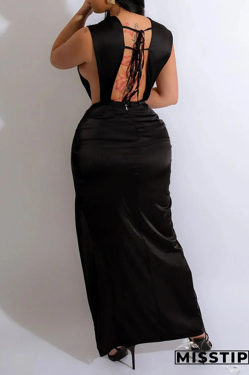 Green Sexy Solid Bandage Patchwork Backless Slit V Neck Straight Dresses