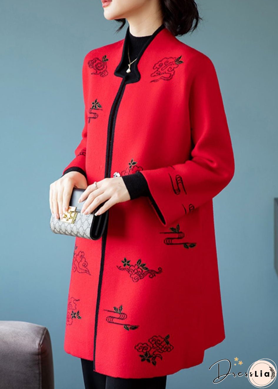 Red Embroideried Stand Collar Patchwork Wool Coats Stand Collar Long Sleeve