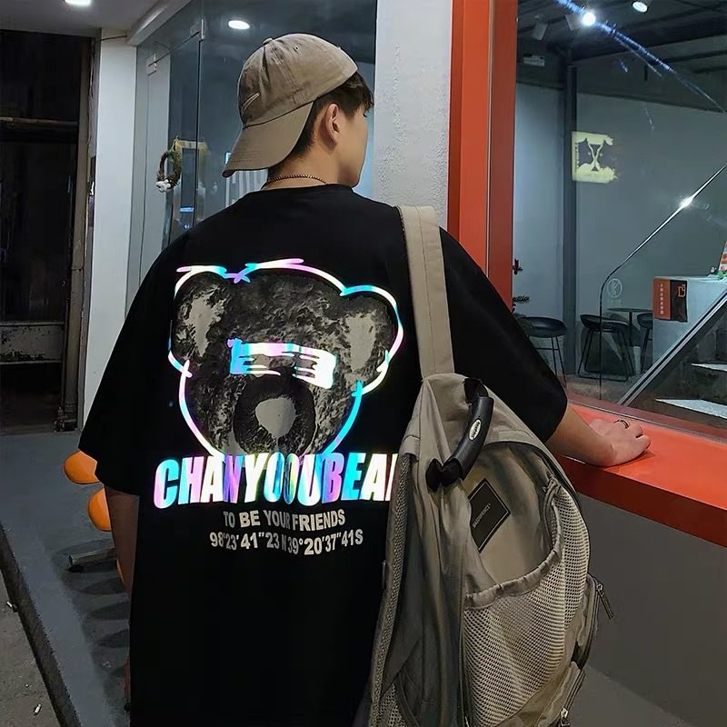 Men's tide brand ins round neck printing tide brand hip-hop Hong Kong style bear top