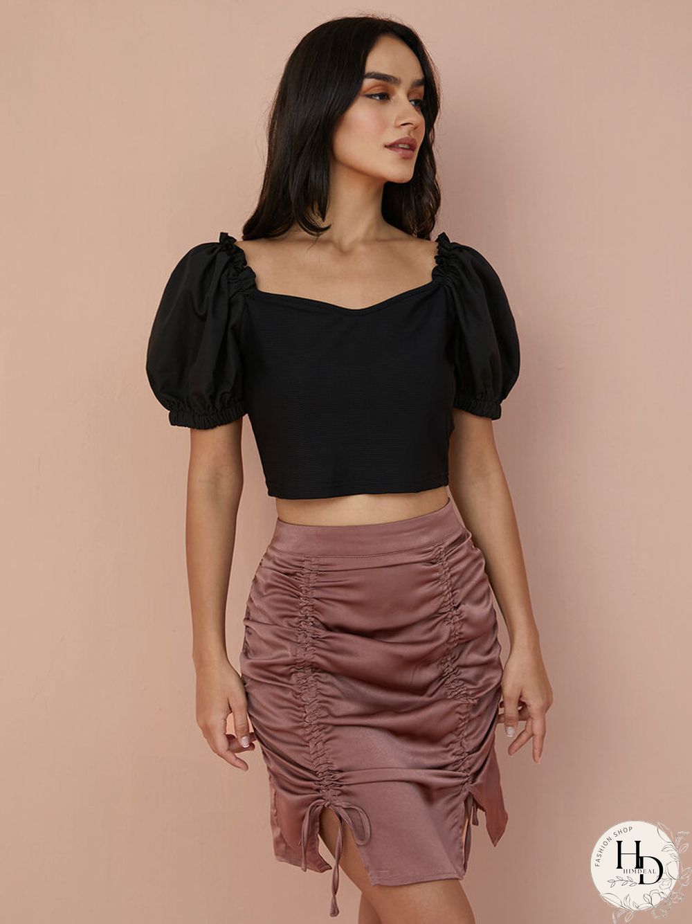 Solid Puff Sleeve Square Collar Crop Top For Women