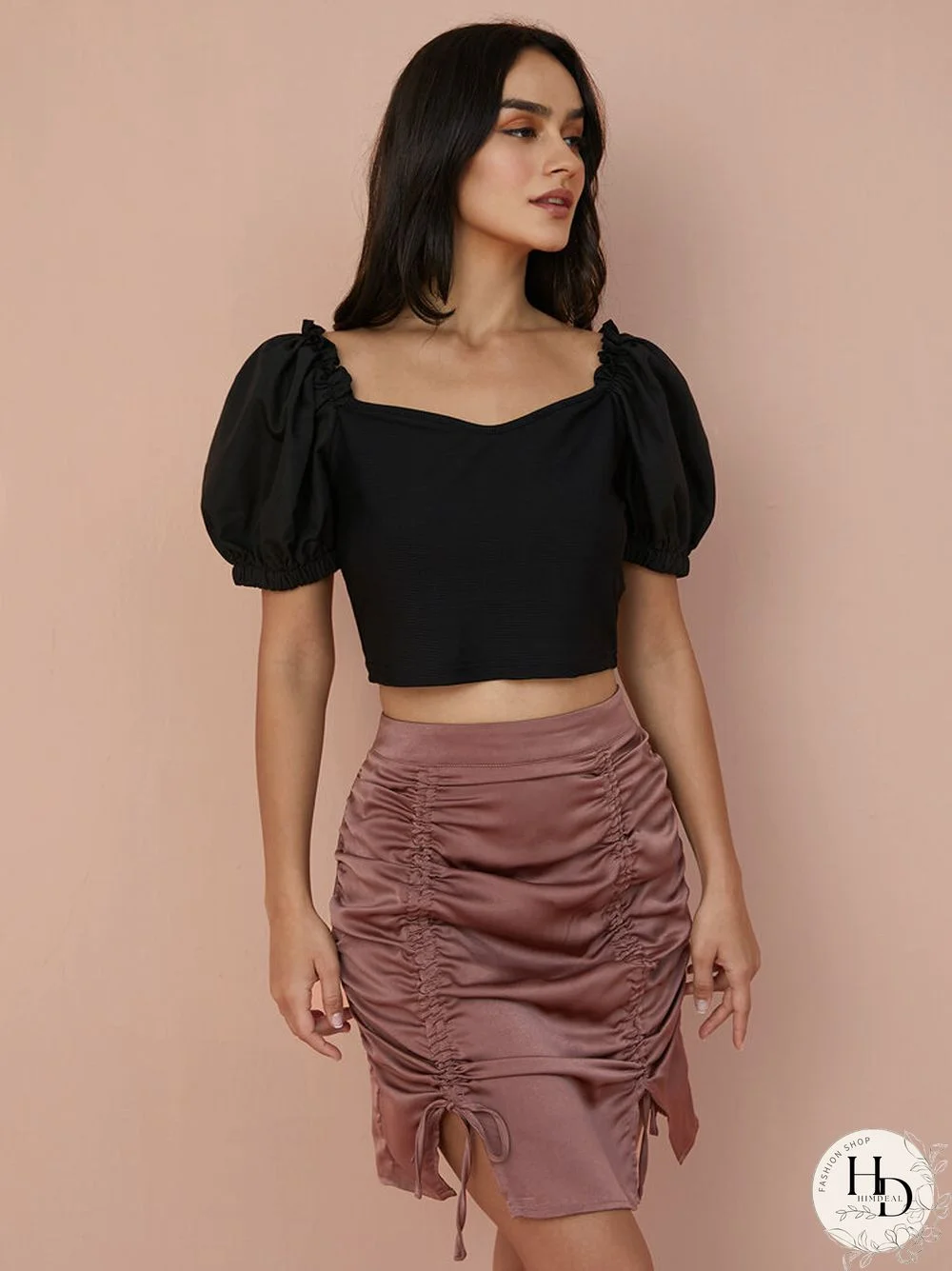 Solid Puff Sleeve Square Collar Crop Top For Women