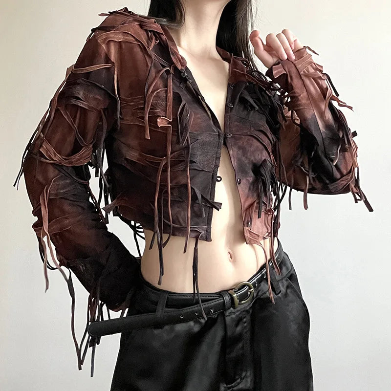 Goth Dark Fairy Grunge Y2k Tassel Hooded Cardigans Vintage Gothic Long Sleeve Women Blouses Streetwear Single-breasted Crop Tops LANFUBEISI
