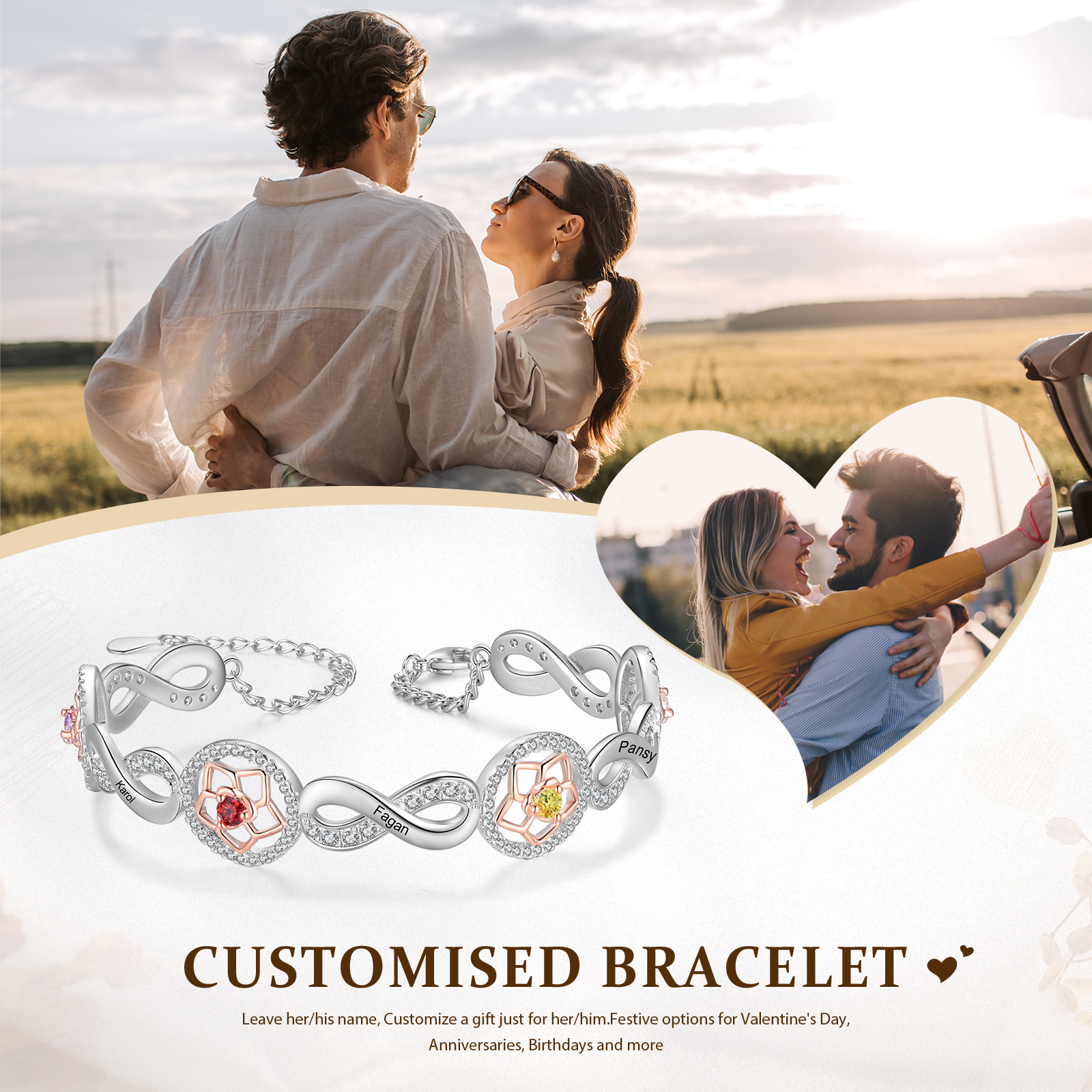 Braccialetto Infinito con Fiore Personalizzato con 5 nomi e 4 pietre di nascita