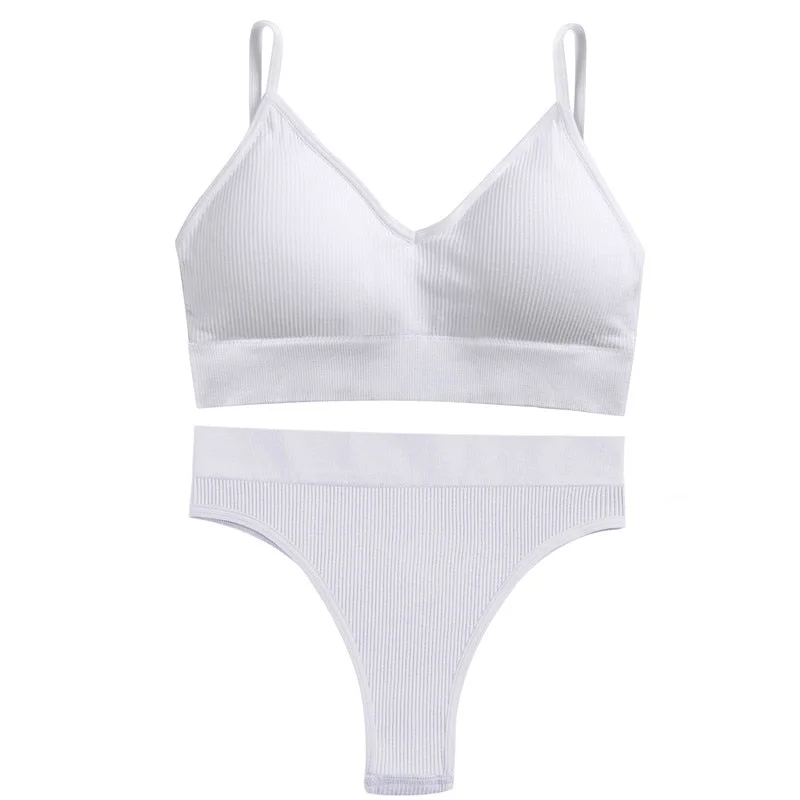 FINETOO Women Seamless Bra Set Push Up 1 Camis+1 Panty Lingerie Sports Underwear Active Sexy Thong Bra Fitness Bikini Crop Top