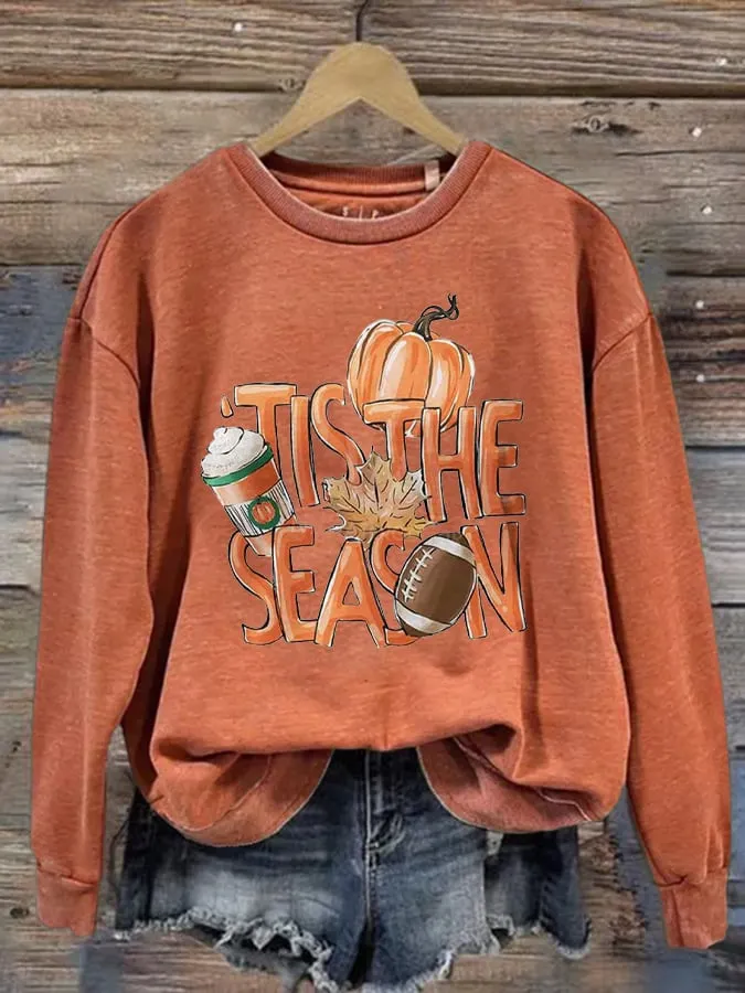 Women's Football Tis The Season Pumpkin Maple Leaf Print Round Neck Sweatshirt 