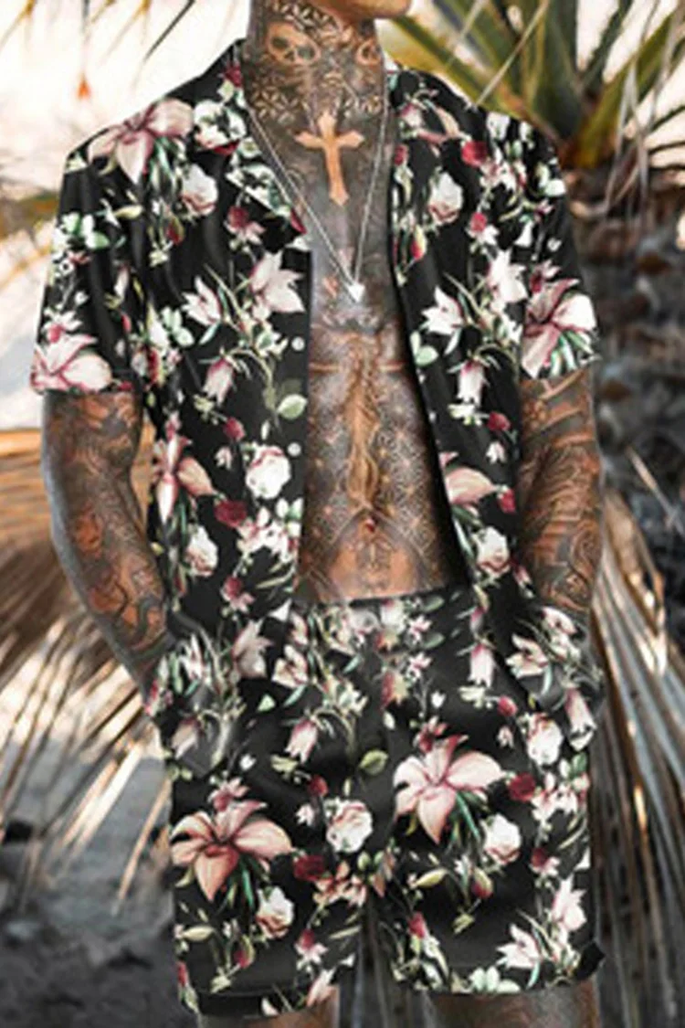 Tiboyz Black Print Men's Outfits Shirt And Shorts Set