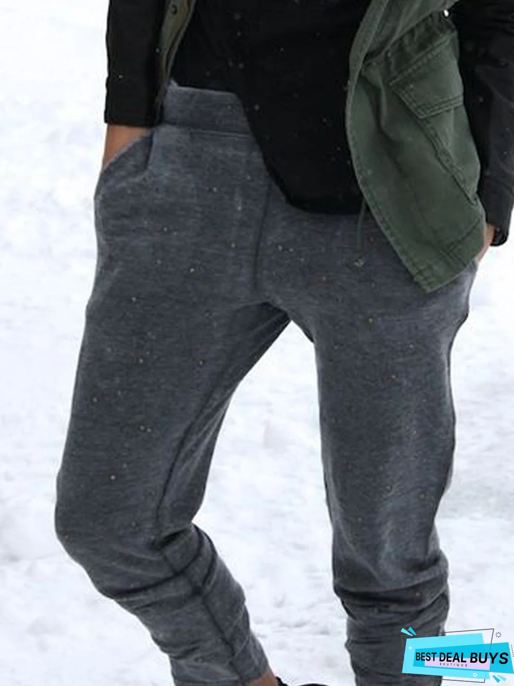 Gray Casual Cotton-Blend Plain Pants