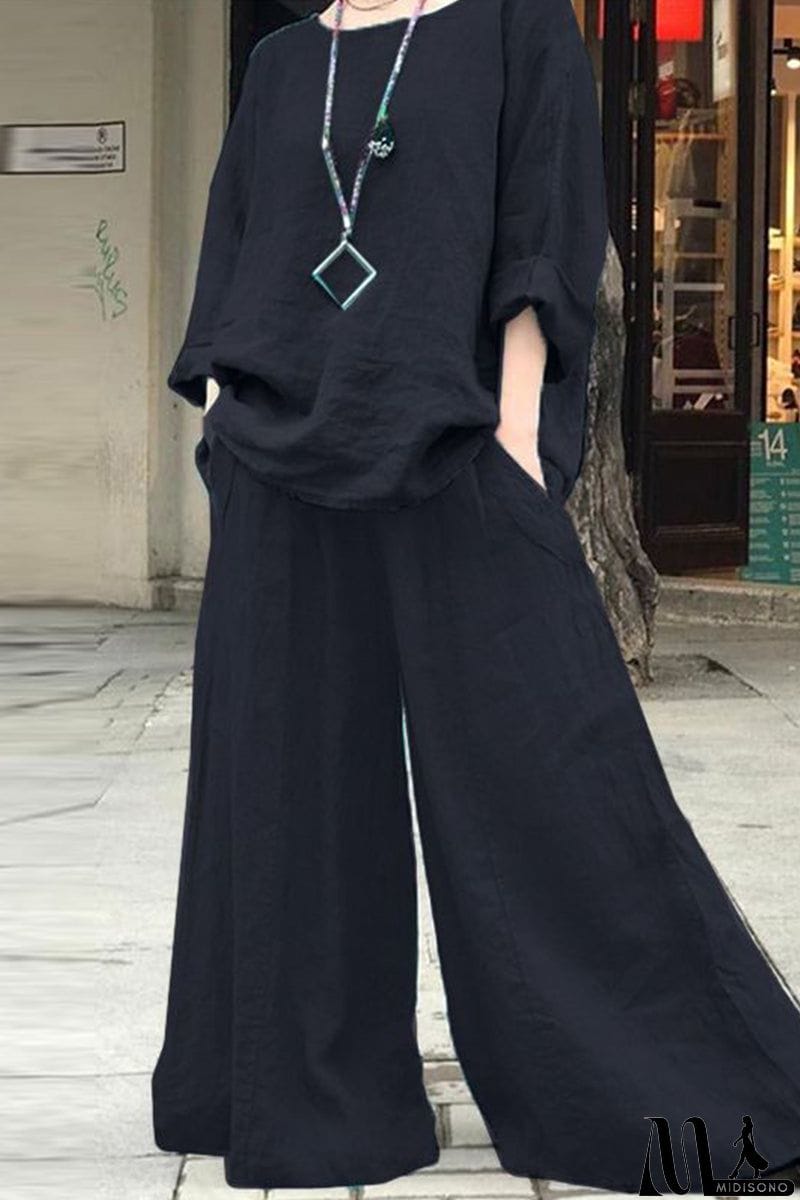 MidiSono - Casual Simplicity Solid Pocket O Neck Long Sleeve Two Pieces