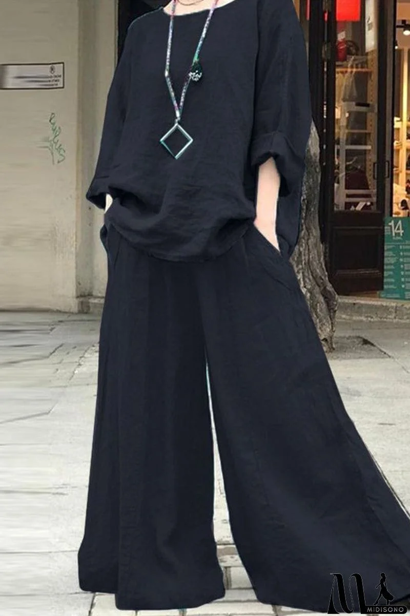 MidiSono - Casual Simplicity Solid Pocket O Neck Long Sleeve Two Pieces