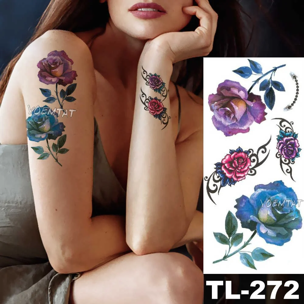 Sdrawing Watercolor Rose Lily Flower Waterproof Tattoo Stickers Women Body Chest Art Temporary Tatto Girl Waist 3D Flowers Tatoo