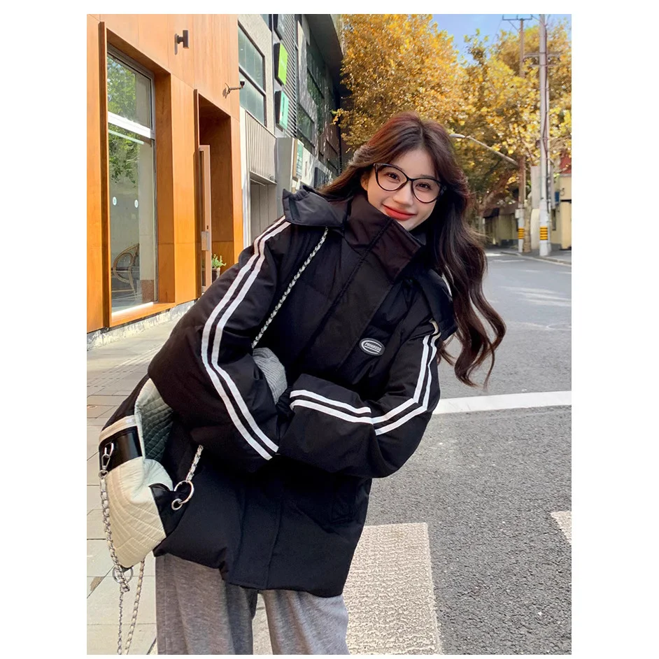 Woherb Black Down Cotton Jacket Female Winter 2024 New Korean Version Loose Students Thickened Off-Season Cotton-Padded Jacket Padded Jacket Coat-Outfit Ideas
