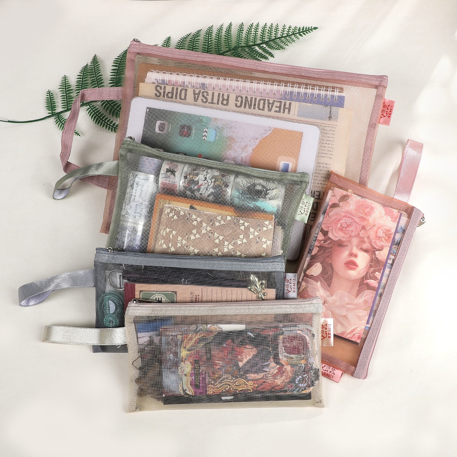 필통 - 모란디 컬러 반투명 시험지 수납 가방 메쉬 펜 가방