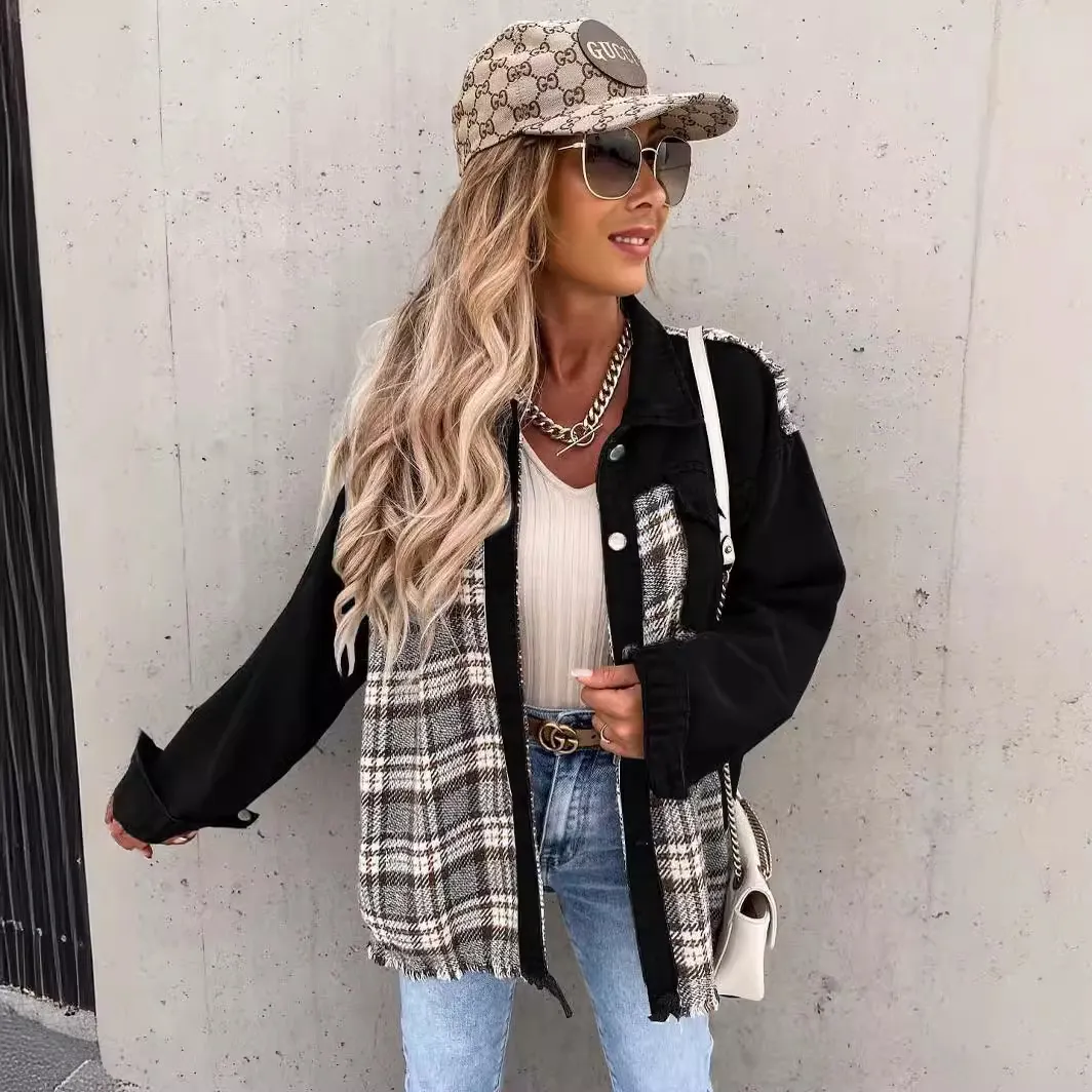Churchf Churchf / Summer 2024 Wish New Denim Patchwork Plaid Jacket Baggy Top Female