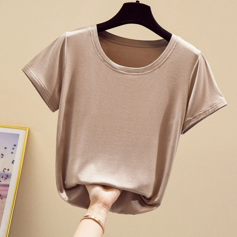 2020 Popular Light Thin High Elastic Fashion Casual Round Collar Short Sleeve T-Shirt Brand High Quality Pure Cotton Women'S Top
