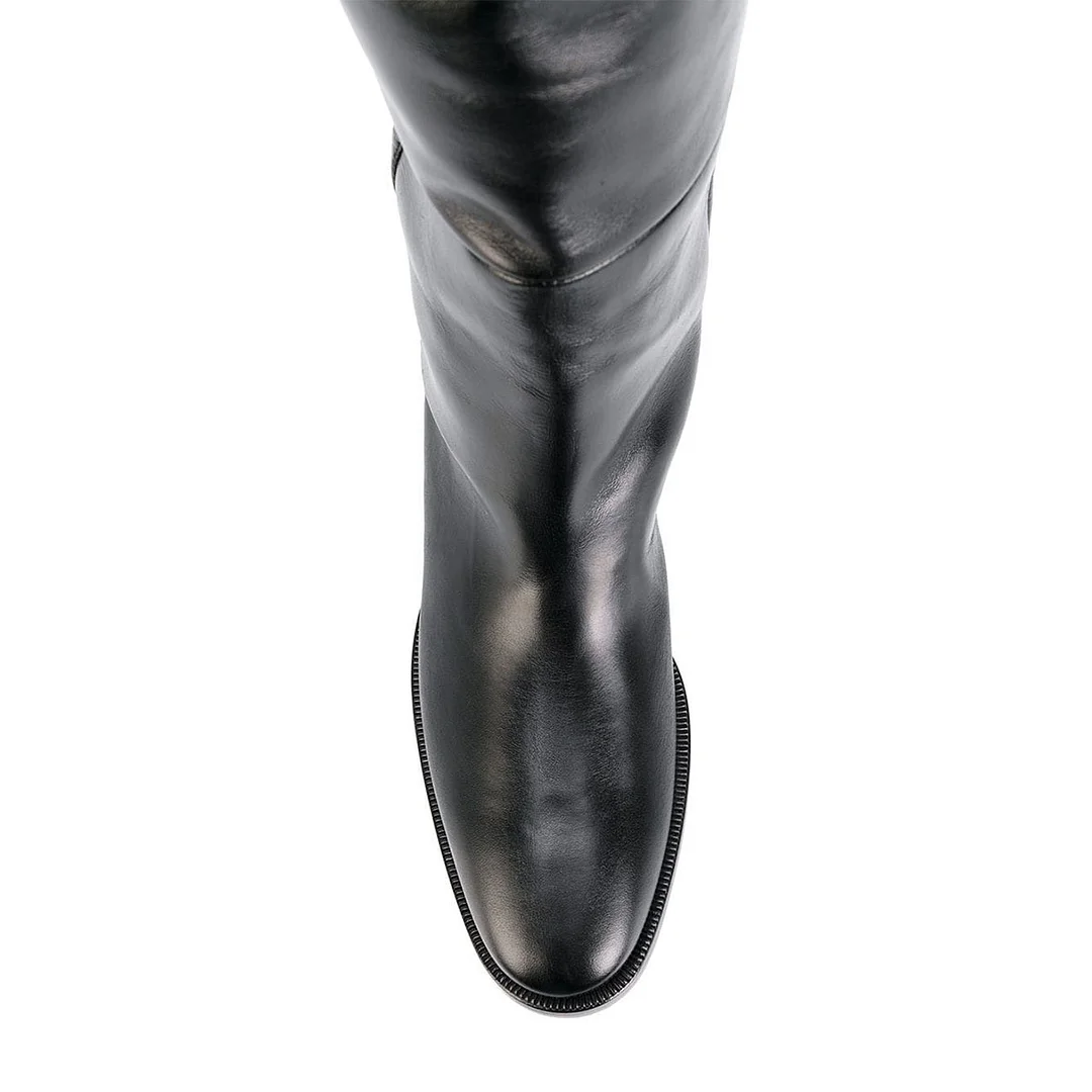 Black Vegan Leather Almond Toe Pull-On Thigh-High Boots for Women