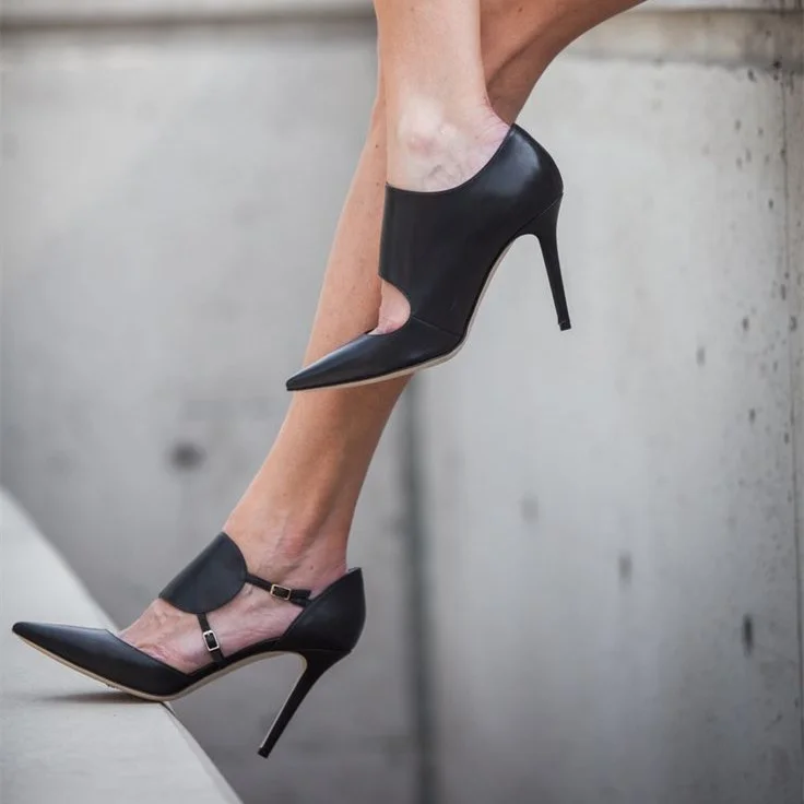 Black Pointed Toe Stiletto Shoes Monk-Strap Pumps for Women |FSJ Shoes