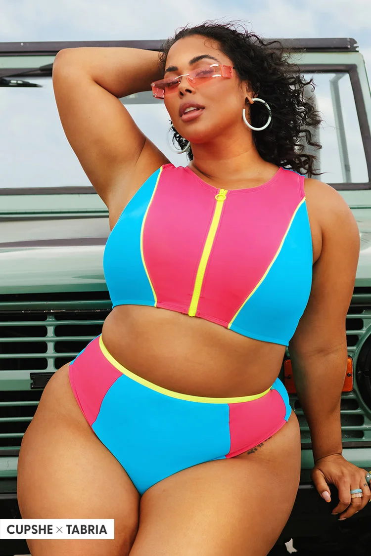 Cali Colorblock Zip Up Tankini & High Waist Plus Size Bikini Set