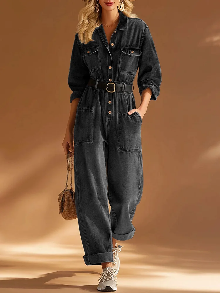 Women's Shirt Collar Long-sleeved Loose-fitting Denim Jumpsuit socialshop