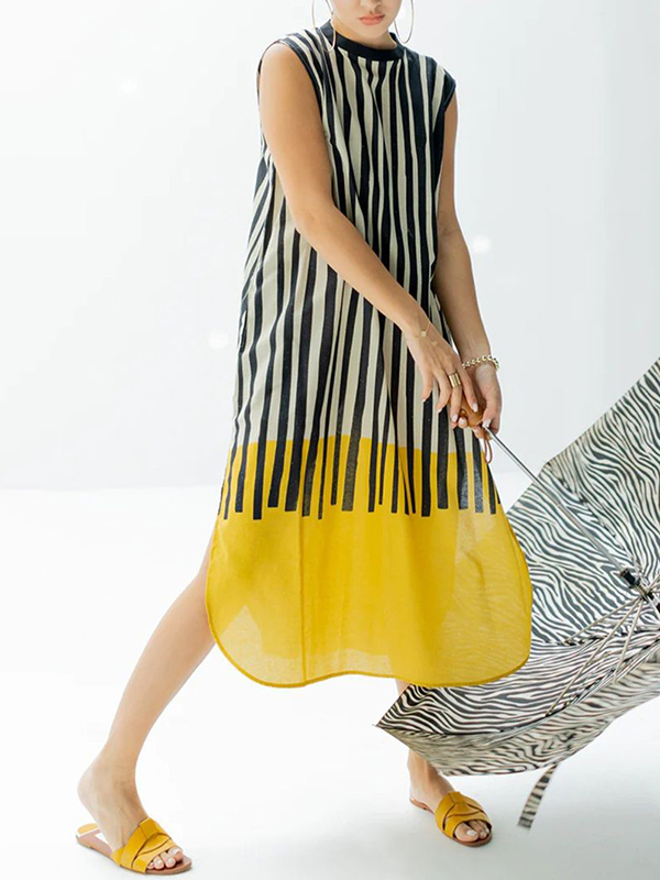Loose Sleeveless Striped Color Matching Midi Dress
