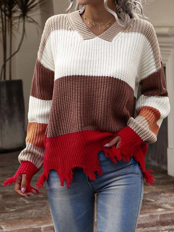 Drop Shoulder Colorblock Frayed Sweater
