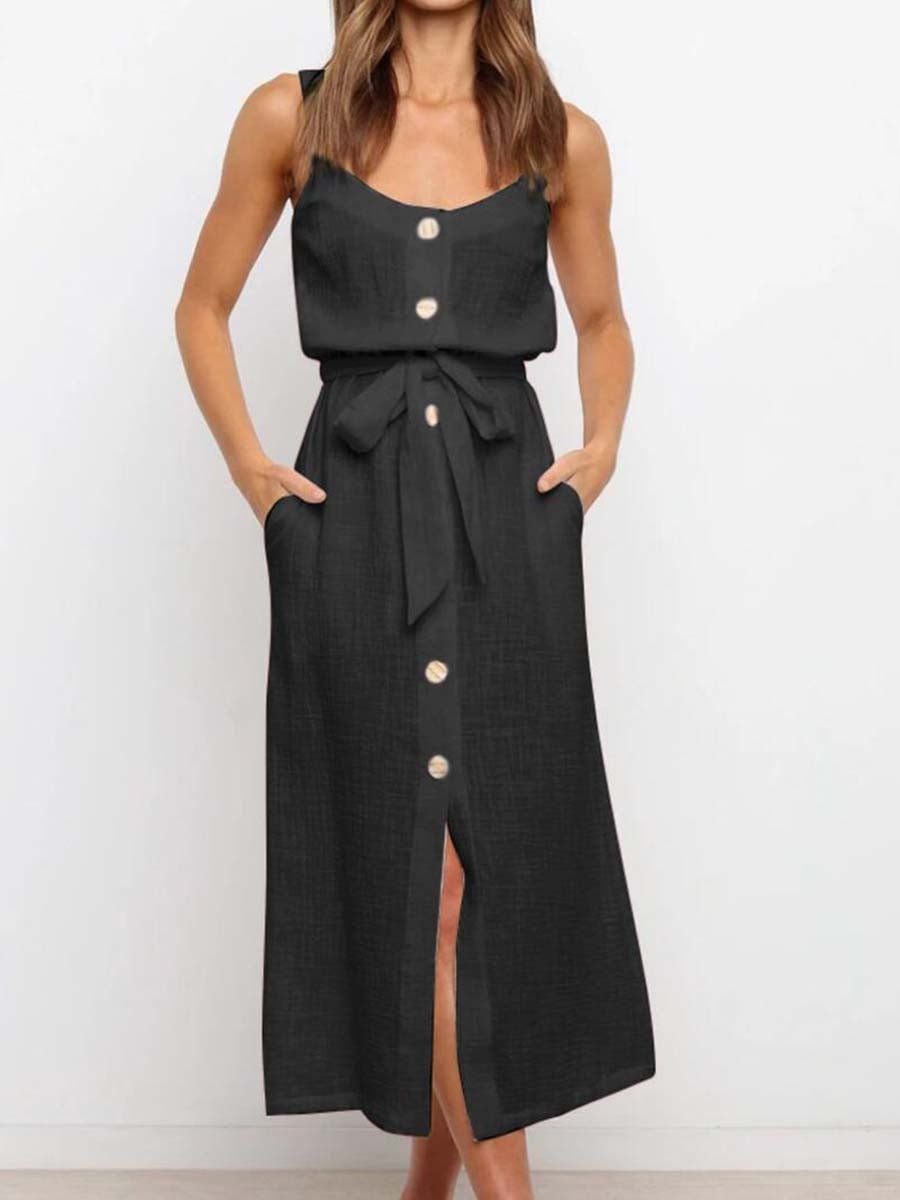 Vorioal Button Slit Belt Dress