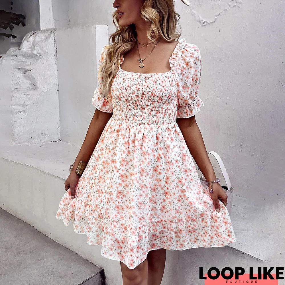 One-Shoulder Dress Floral Dress Pastoral Style