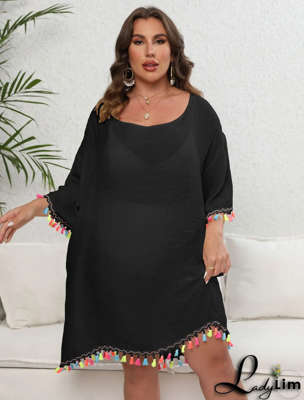 Women's Dress Plus Size Women's Tassel Patchwork Off Shoulder Sexy Low Back Lace-Up Beach Dress